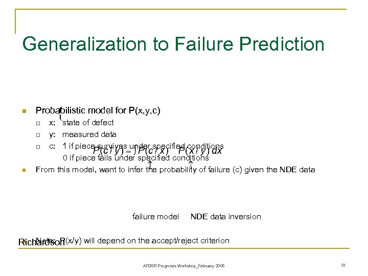 Generalization to Failure Prediction n Probabilistic model for P(x, y, c) n x: state
