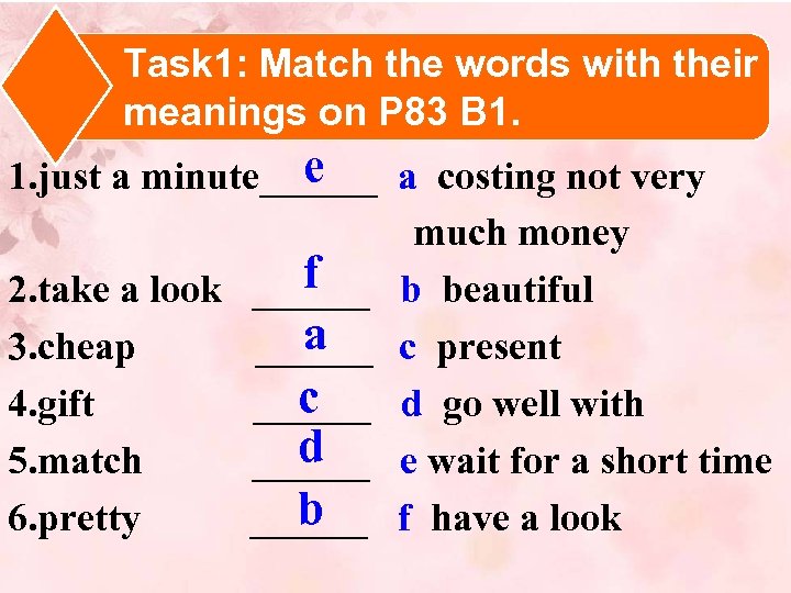 Task 1: Match the words with their meanings on P 83 B 1. e