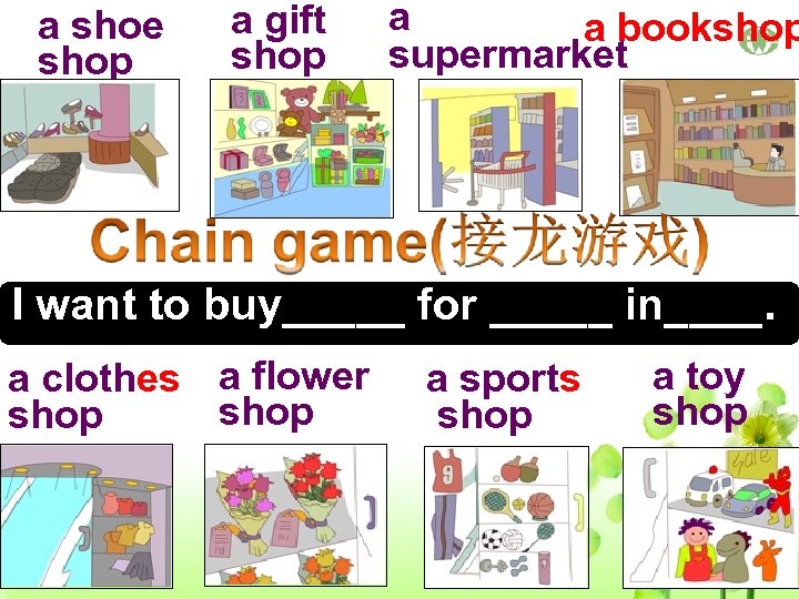 a shoe shop a gift shop a a bookshop supermarket I want to buy_____