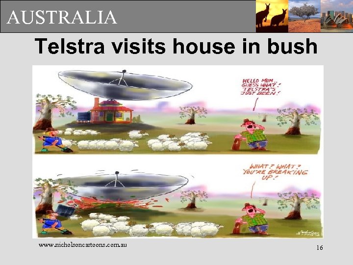 AUSTRALIA Telstra visits house in bush www. nicholsoncartoons. com. au 16 