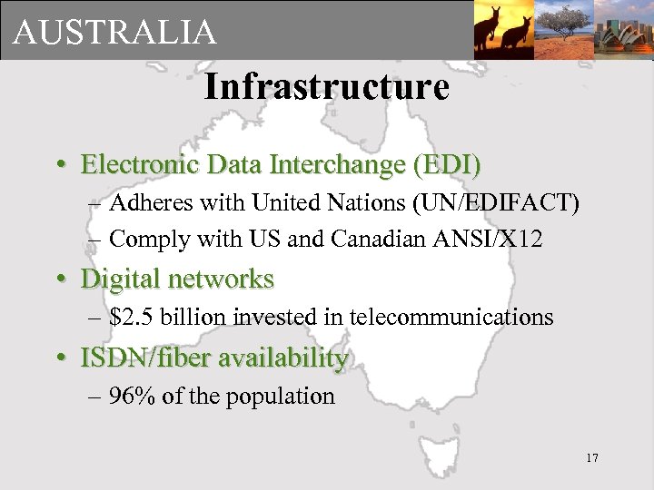 AUSTRALIA Infrastructure • Electronic Data Interchange (EDI) – Adheres with United Nations (UN/EDIFACT) –