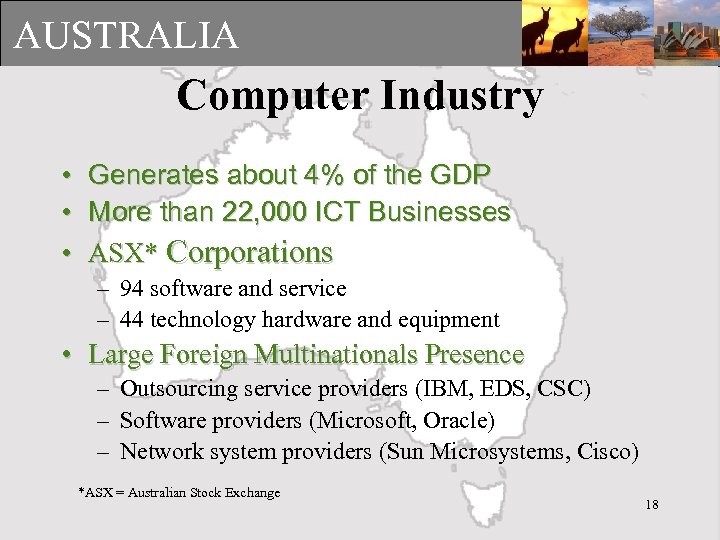 AUSTRALIA Computer Industry • Generates about 4% of the GDP • More than 22,