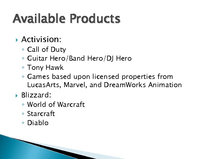 Available Products Activision: ◦ ◦ Call of Duty Guitar Hero/Band Hero/DJ Hero Tony Hawk