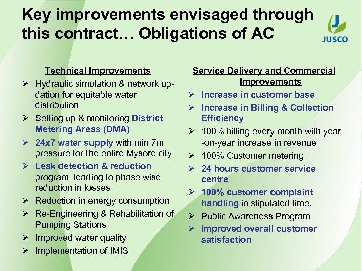 Key improvements envisaged through this contract… Obligations of AC Ø Ø Ø Ø Technical
