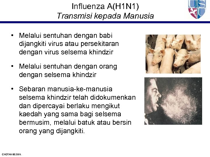 Influenza A(H 1 N 1) Transmisi kepada Manusia • Melalui sentuhan dengan babi dijangkiti