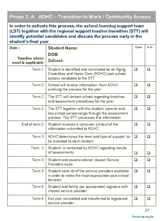 Phase 2: A ADHC – Transition to Work / Community Access In order to