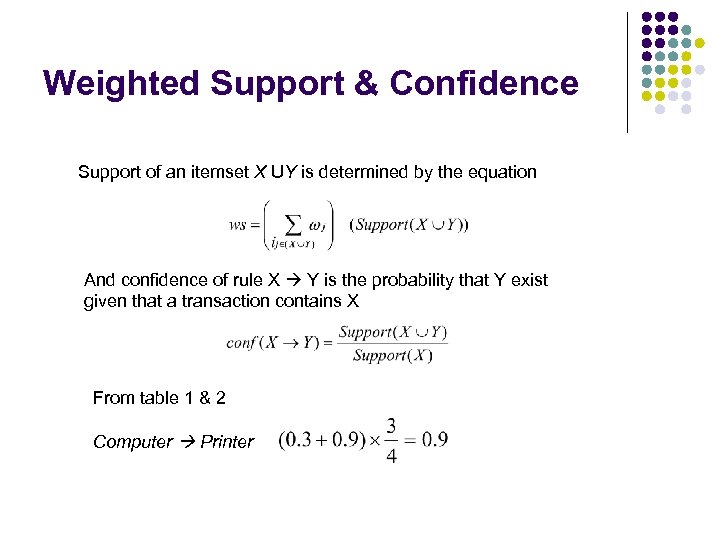 Weighted Support & Confidence Support of an itemset X UY is determined by the