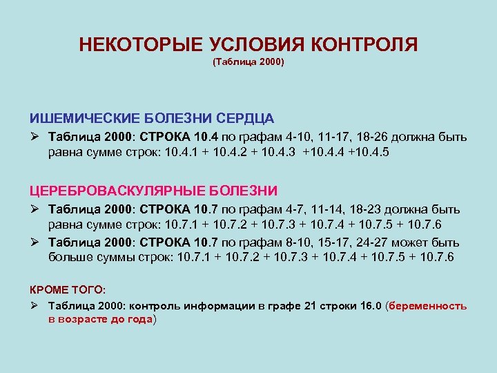 НЕКОТОРЫЕ УСЛОВИЯ КОНТРОЛЯ (Таблица 2000) ИШЕМИЧЕСКИЕ БОЛЕЗНИ СЕРДЦА Ø Таблица 2000: СТРОКА 10. 4