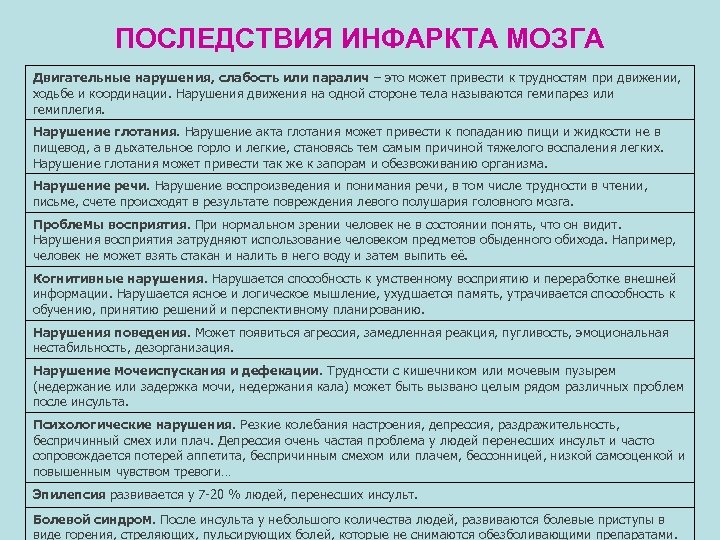 ПОСЛЕДСТВИЯ ИНФАРКТА МОЗГА Двигательные нарушения, слабость или паралич – это может привести к трудностям