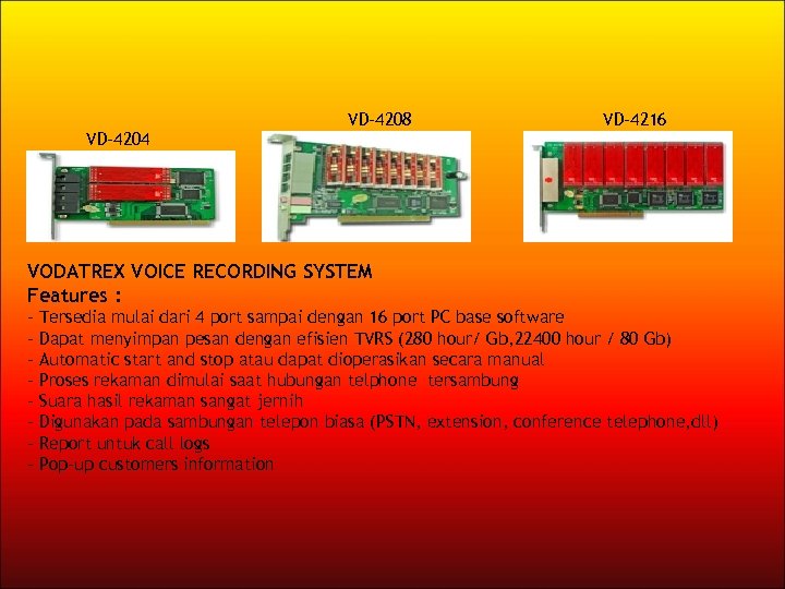 VD-4204 VD-4208 VD-4216 VODATREX VOICE RECORDING SYSTEM Features : - Tersedia mulai dari 4