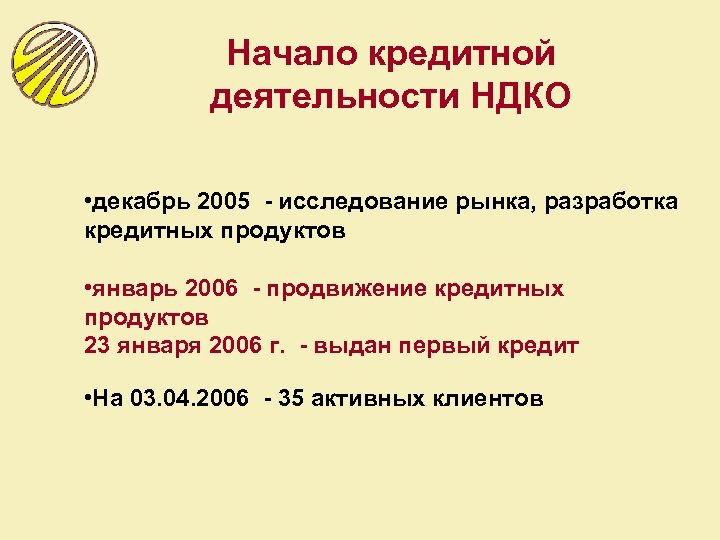Начало кредитной деятельности НДКО • декабрь 2005 - исследование рынка, разработка кредитных продуктов •