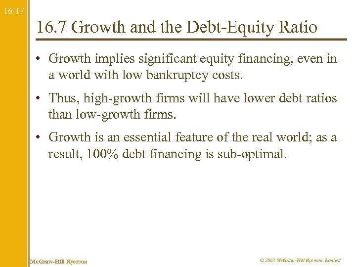 16 -17 16. 7 Growth and the Debt-Equity Ratio • Growth implies significant equity