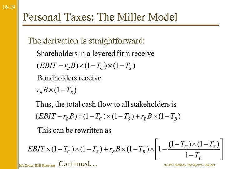 16 -19 Personal Taxes: The Miller Model The derivation is straightforward: Mc. Graw-Hill Ryerson