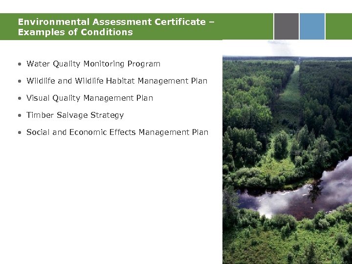 Environmental Assessment Certificate – Examples of Conditions • Water Quality Monitoring Program • Wildlife