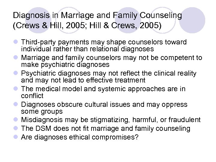 Diagnosis in Marriage and Family Counseling (Crews & Hill, 2005; Hill & Crews, 2005)
