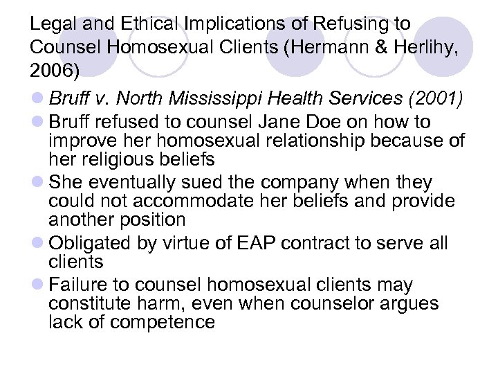Legal and Ethical Implications of Refusing to Counsel Homosexual Clients (Hermann & Herlihy, 2006)