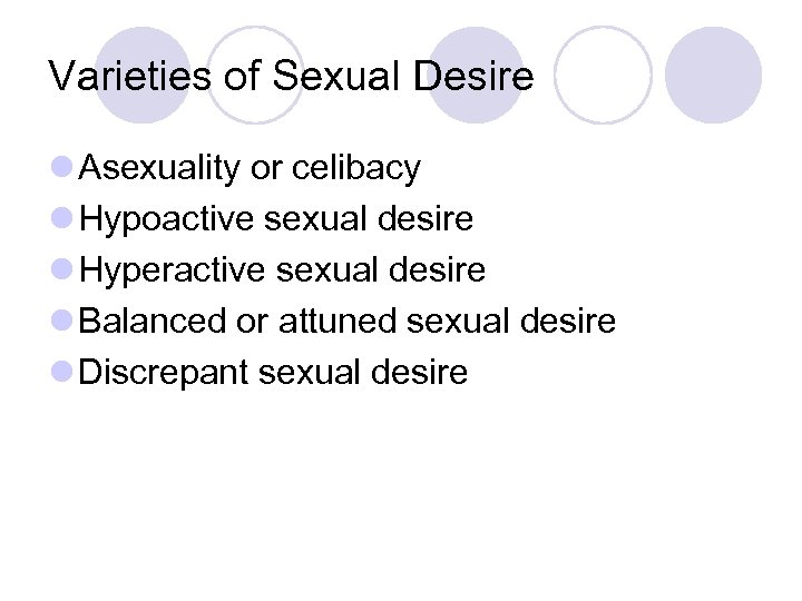 Varieties of Sexual Desire l Asexuality or celibacy l Hypoactive sexual desire l Hyperactive