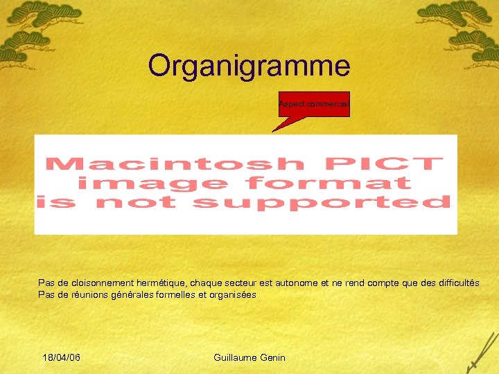 Organigramme Aspect commercial Pas de cloisonnement hermétique, chaque secteur est autonome et ne rend