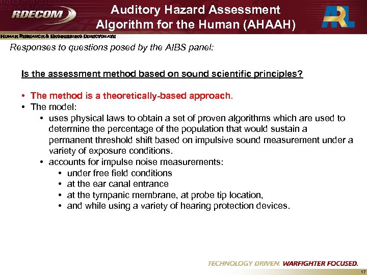 Auditory Hazard Assessment Algorithm for the Human (AHAAH) Human Research & Engineering Directorate Responses