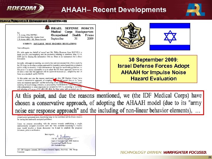 AHAAH– Recent Developments Human Research & Engineering Directorate 30 September 2009: Israel Defense Forces