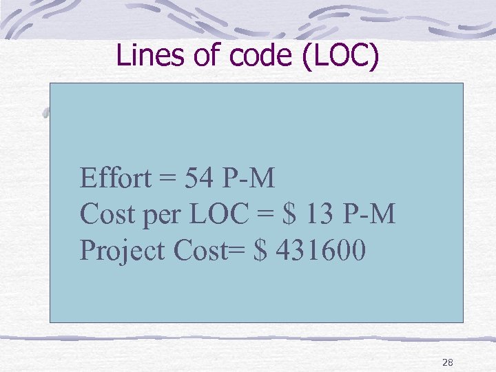 Lines of code (LOC) Given: LOC Estimate = 33200 LOC Productivity = 620 LOC/P-M(Person-Month)