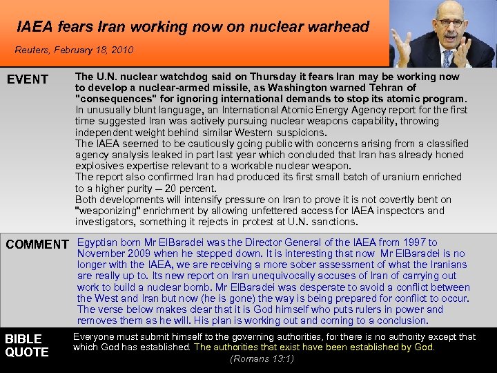 IAEA fears Iran working now on nuclear warhead Reuters, February 18, 2010 EVENT The