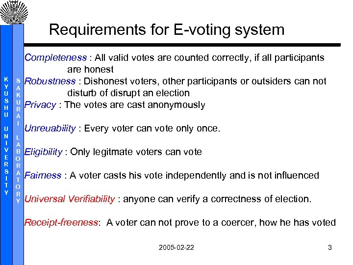 Requirements for E-voting system K Y U S H U U N I V