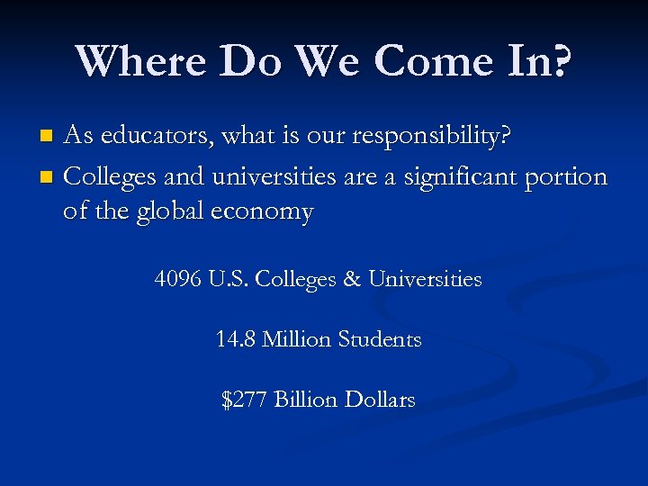 Where Do We Come In? As educators, what is our responsibility? n Colleges and