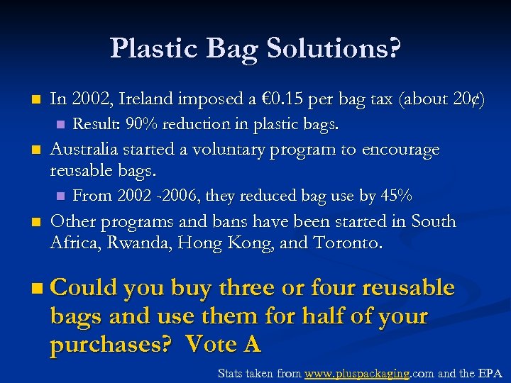 Plastic Bag Solutions? n In 2002, Ireland imposed a € 0. 15 per bag