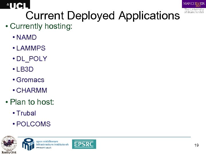Current Deployed Applications • Currently hosting: • NAMD • LAMMPS • DL_POLY • LB