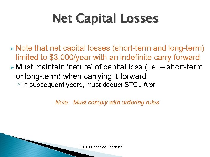 Net Capital Losses Ø Note that net capital losses (short-term and long-term) limited to