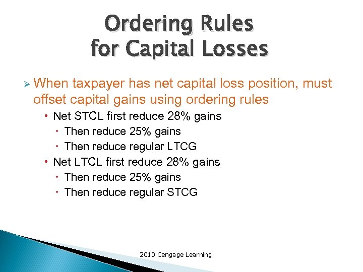 Ordering Rules for Capital Losses Ø When taxpayer has net capital loss position, must
