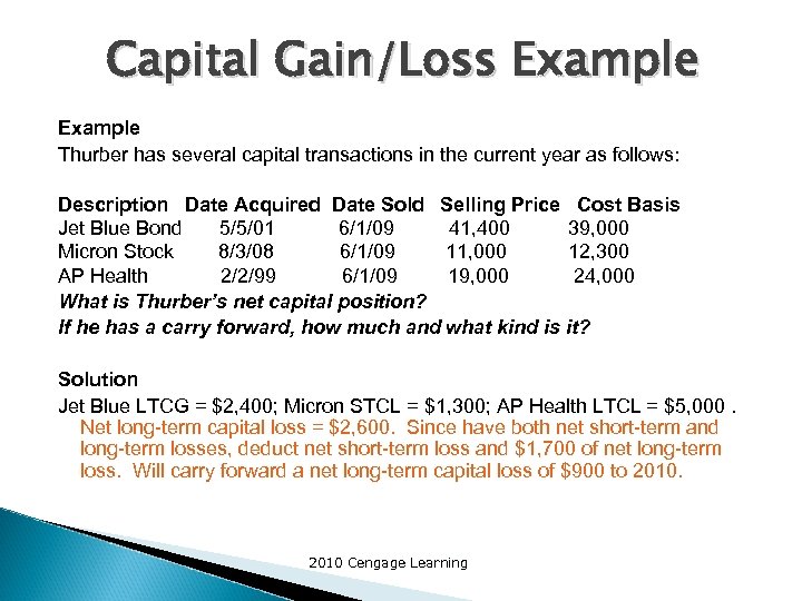 Capital Gain/Loss Example Thurber has several capital transactions in the current year as follows: