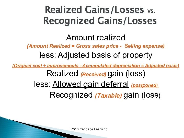Realized Gains/Losses vs. Recognized Gains/Losses Amount realized (Amount Realized = Gross sales price -