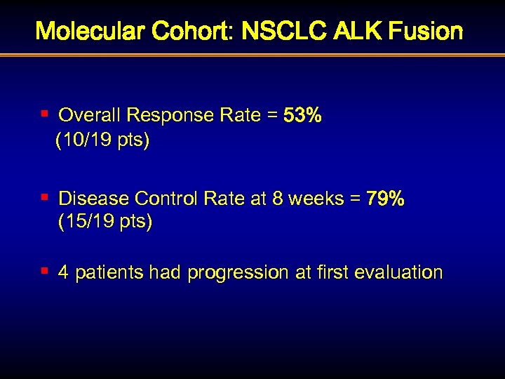 Molecular Cohort: NSCLC ALK Fusion § Overall Response Rate = 53% (10/19 pts) §