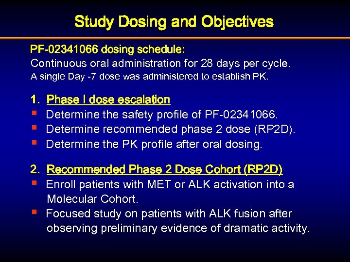 Study Dosing and Objectives PF-02341066 dosing schedule: Continuous oral administration for 28 days per