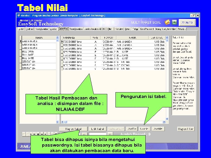 Tabel Hasil Pembacaan dan analisa : disimpan dalam file : NILAIA 4. DBF Pengurutan