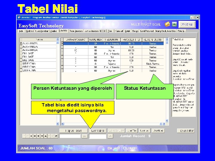 Persen Ketuntasan yang diperoleh Tabel bisa diedit isinya bila mengetahui passwordnya. Status Ketuntasan 