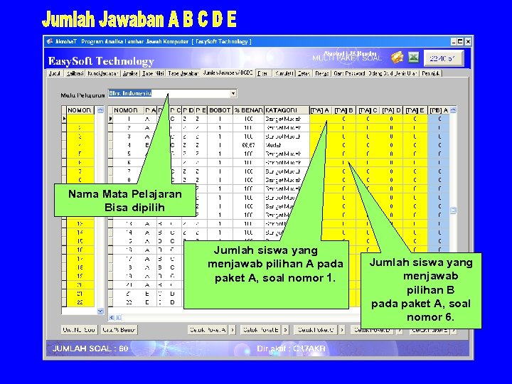 Nama Mata Pelajaran Bisa dipilih Jumlah siswa yang menjawab pilihan A pada paket A,