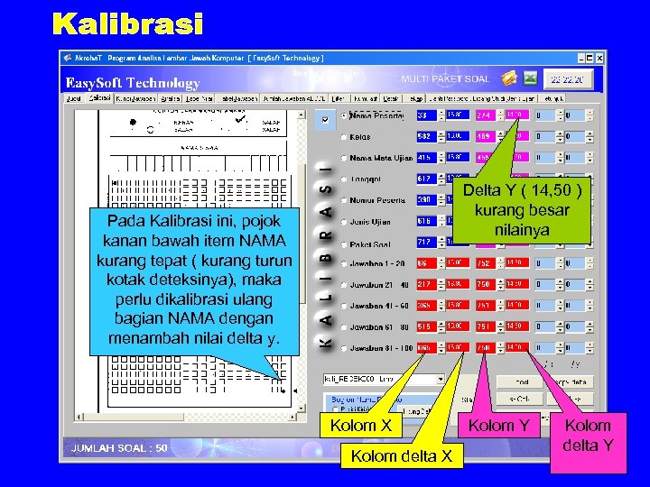 Delta Y ( 14, 50 ) kurang besar nilainya Pada Kalibrasi ini, pojok kanan