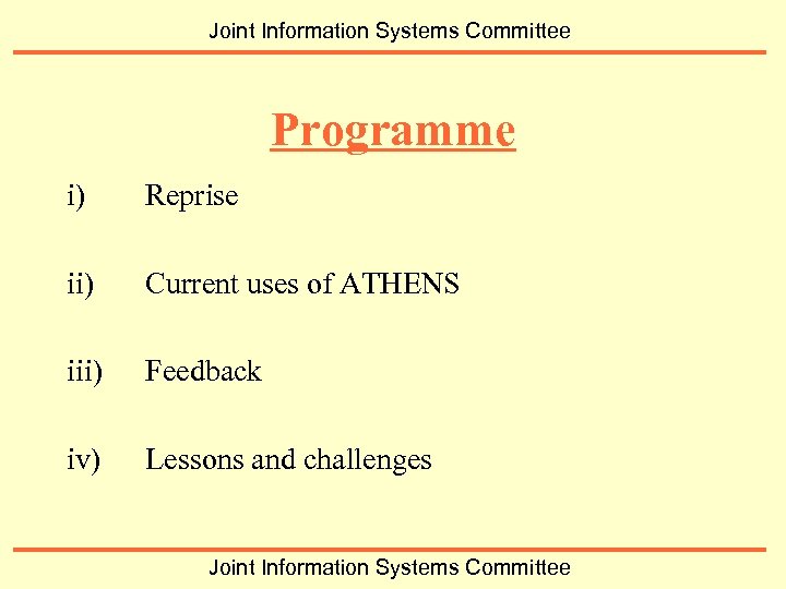 Joint Information Systems Committee Programme i) Reprise ii) Current uses of ATHENS iii) Feedback