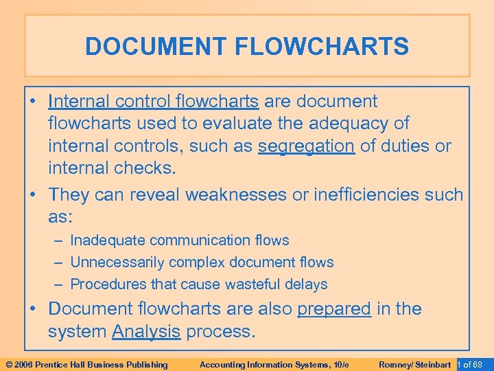 DOCUMENT FLOWCHARTS • Internal control flowcharts are document flowcharts used to evaluate the adequacy