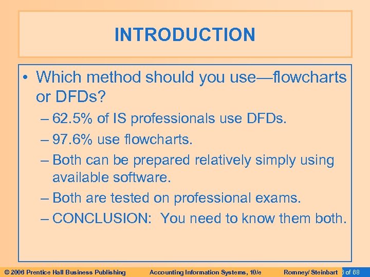 INTRODUCTION • Which method should you use—flowcharts or DFDs? – 62. 5% of IS
