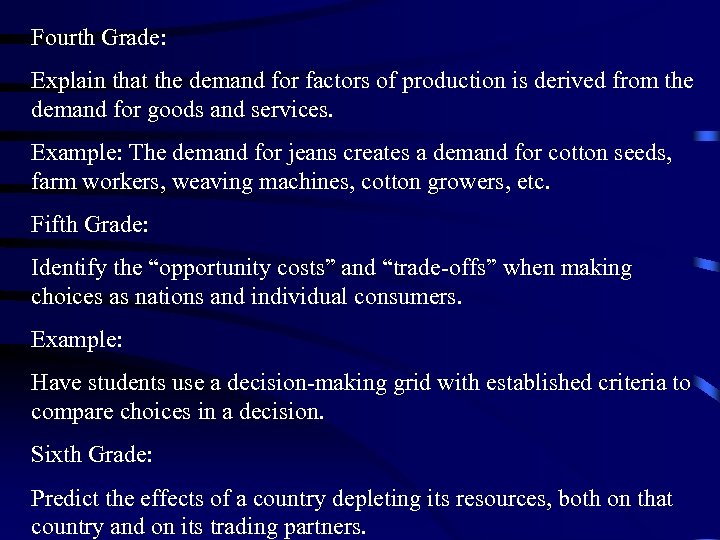 Fourth Grade: Explain that the demand for factors of production is derived from the