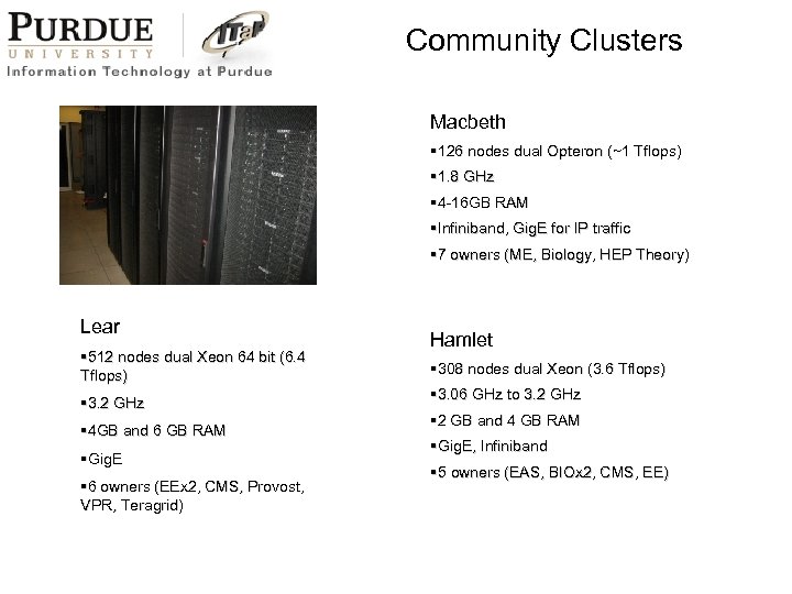 Community Clusters Macbeth § 126 nodes dual Opteron (~1 Tflops) § 1. 8 GHz