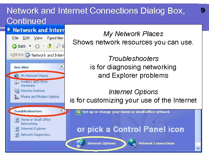 Network and Internet Connections Dialog Box, Continued My Network Places Shows network resources you