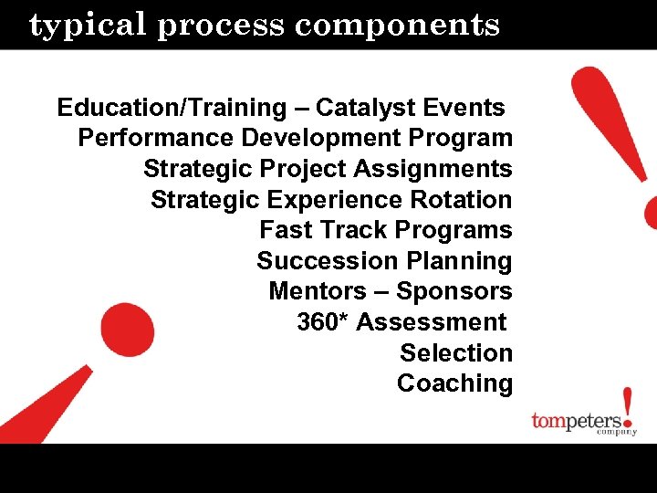 typical process components Education/Training – Catalyst Events Performance Development Program Strategic Project Assignments Strategic