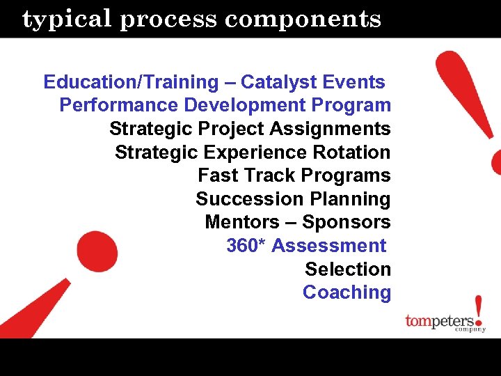 typical process components Education/Training – Catalyst Events Performance Development Program Strategic Project Assignments Strategic