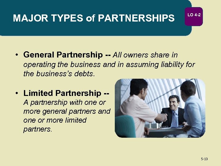 MAJOR TYPES of PARTNERSHIPS LO 4 -2 • General Partnership -- All owners share