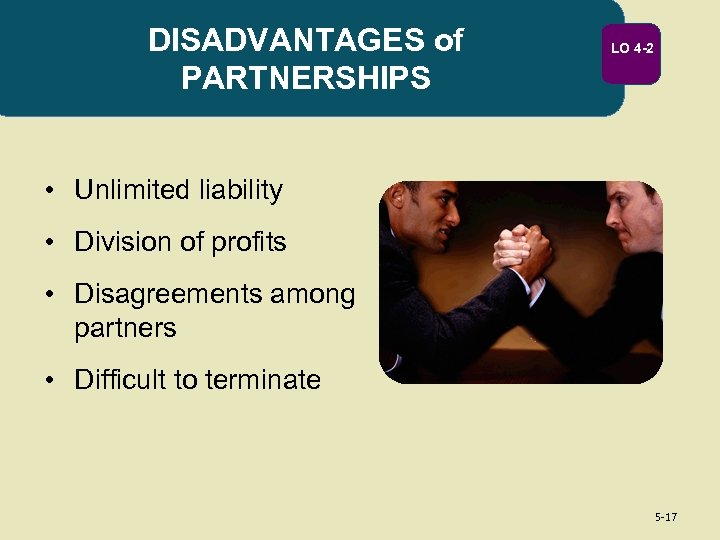 DISADVANTAGES of PARTNERSHIPS LO 4 -2 • Unlimited liability • Division of profits •